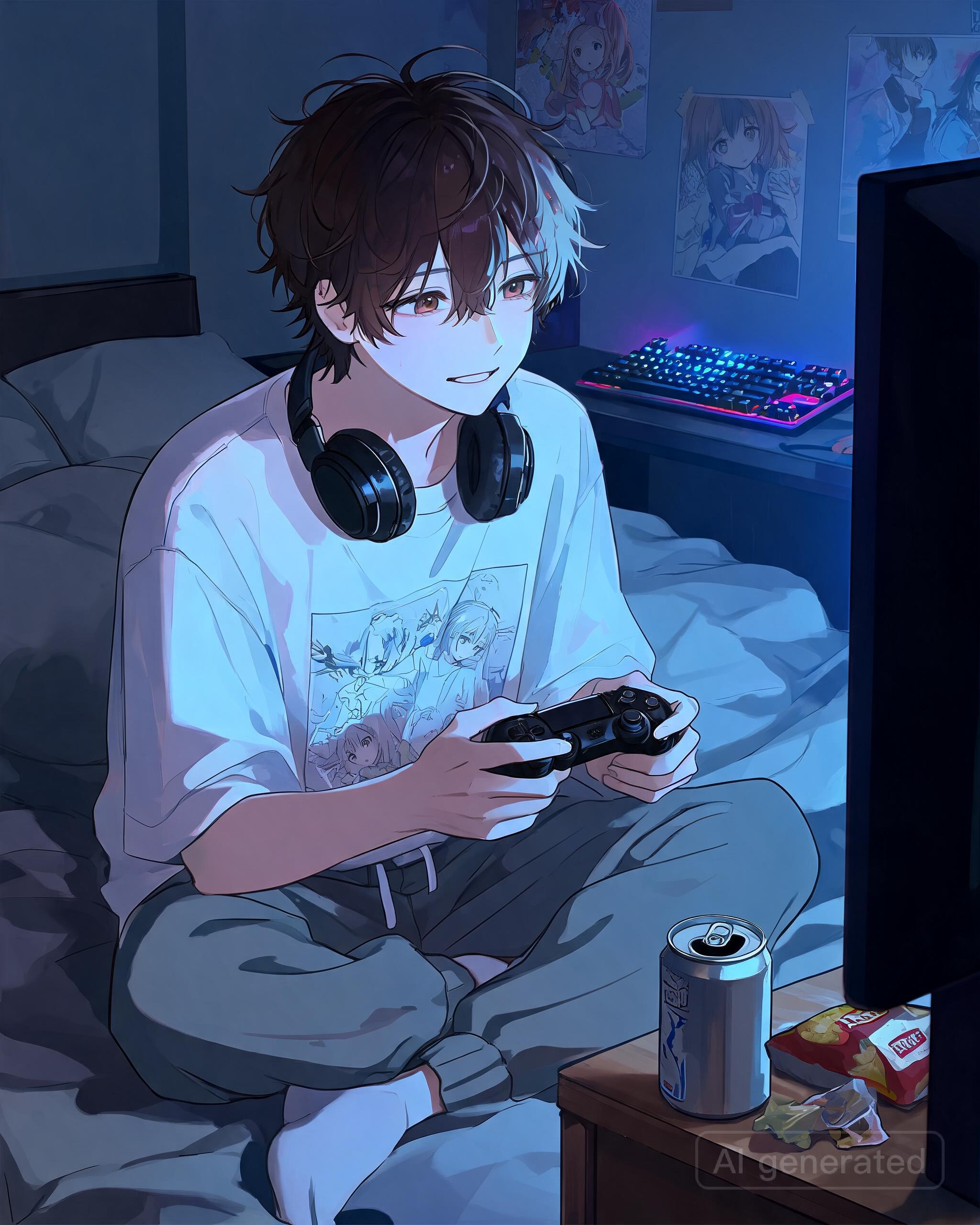 him late-night gaming with controller in hand