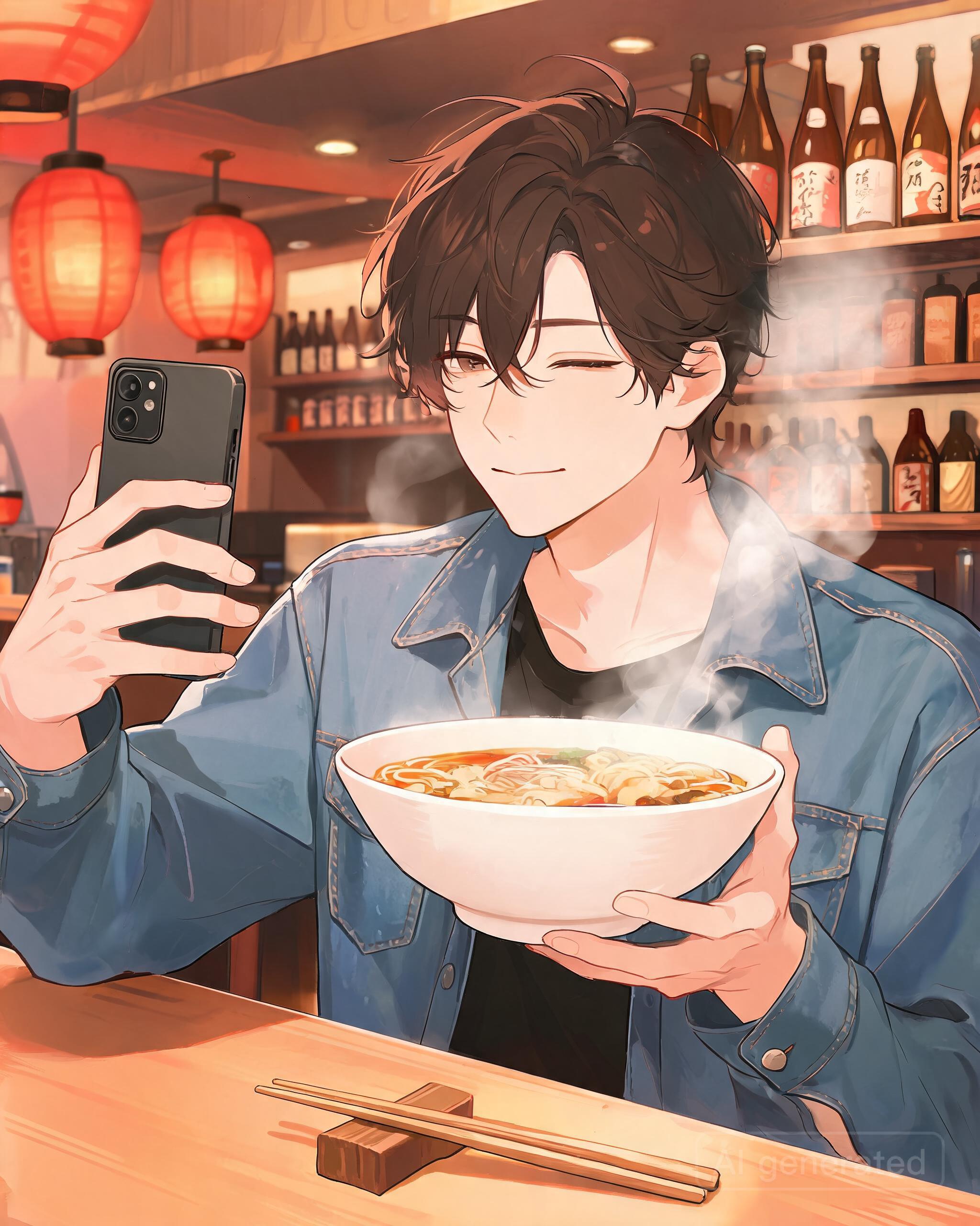 him at a ramen shop counter steaming over a bowl