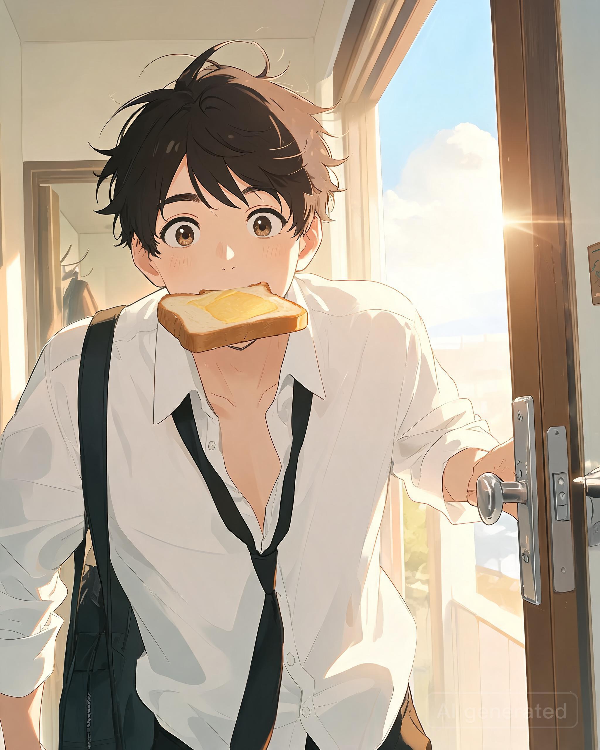 him sprinting out the door with toast in his mouth