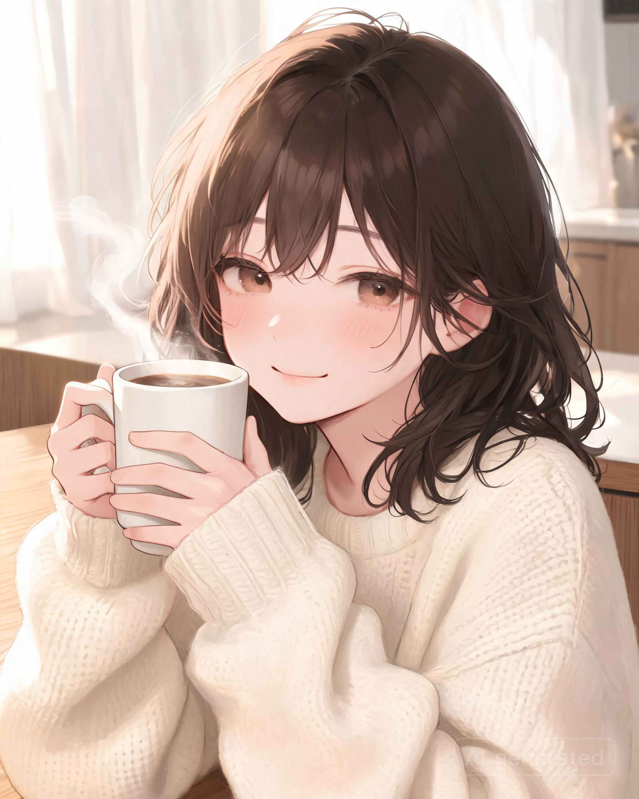 her cozy morning, coffee in hand