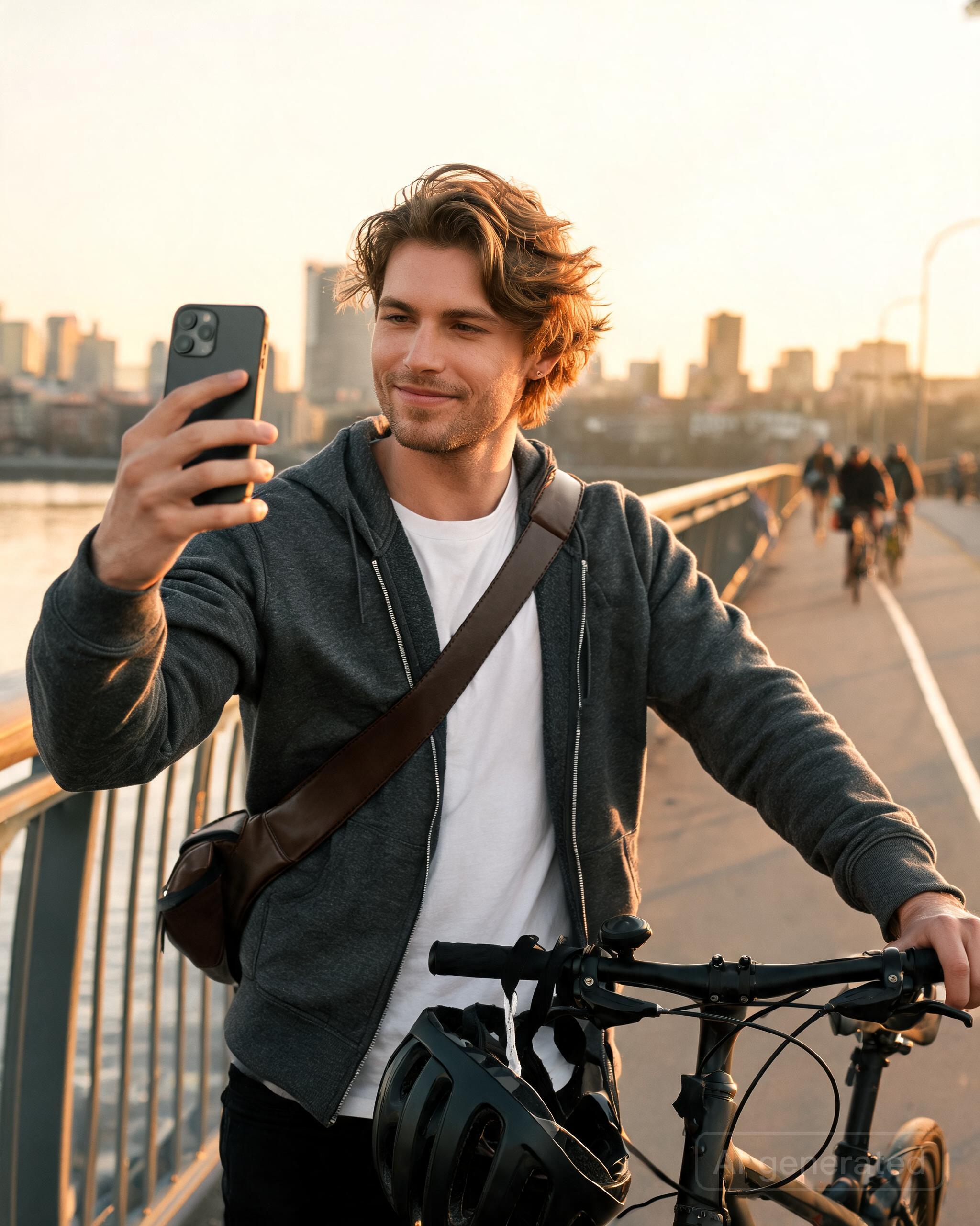 him pausing his bike commute on a bridge at golden hour