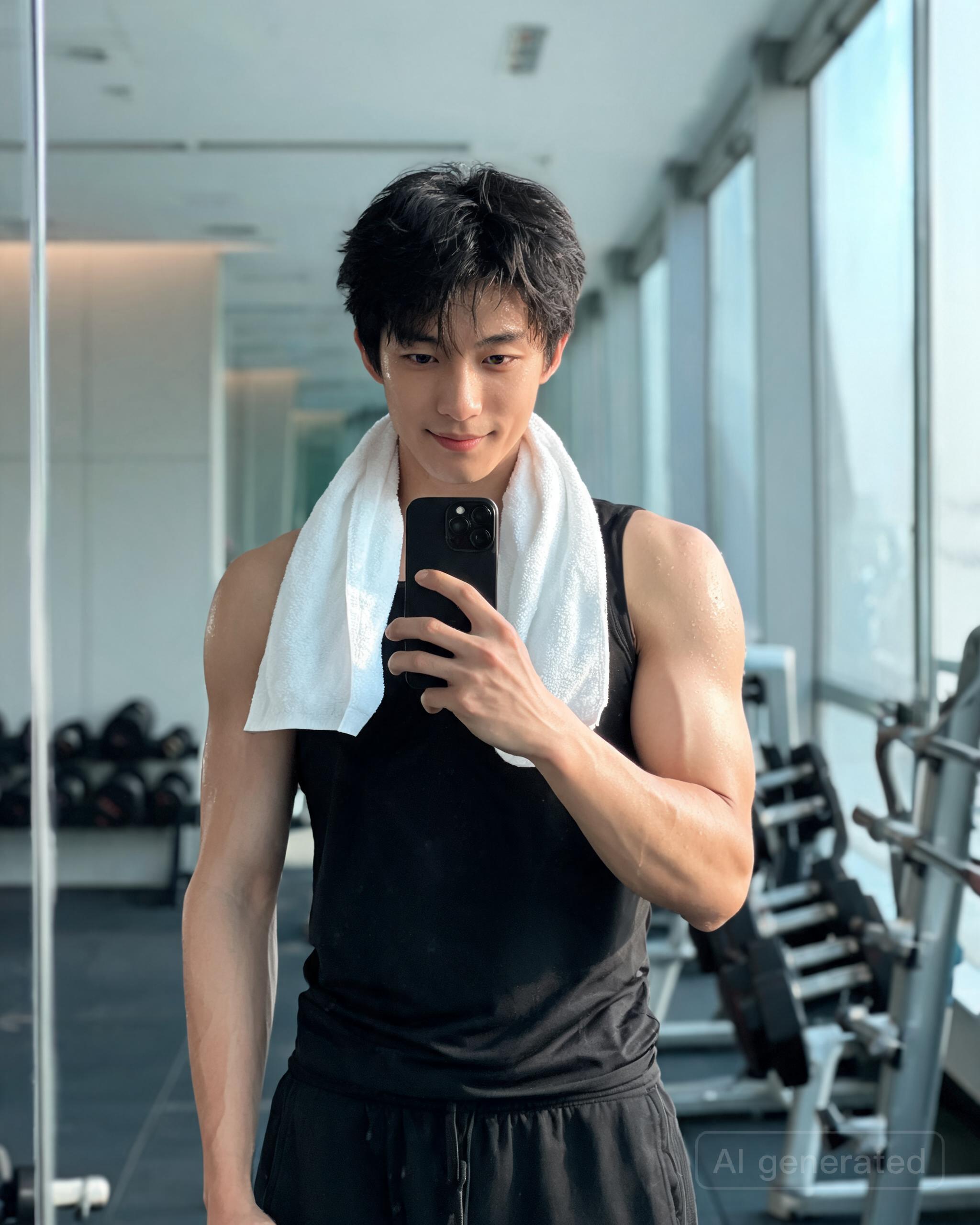 him after a morning gym session, towel around neck