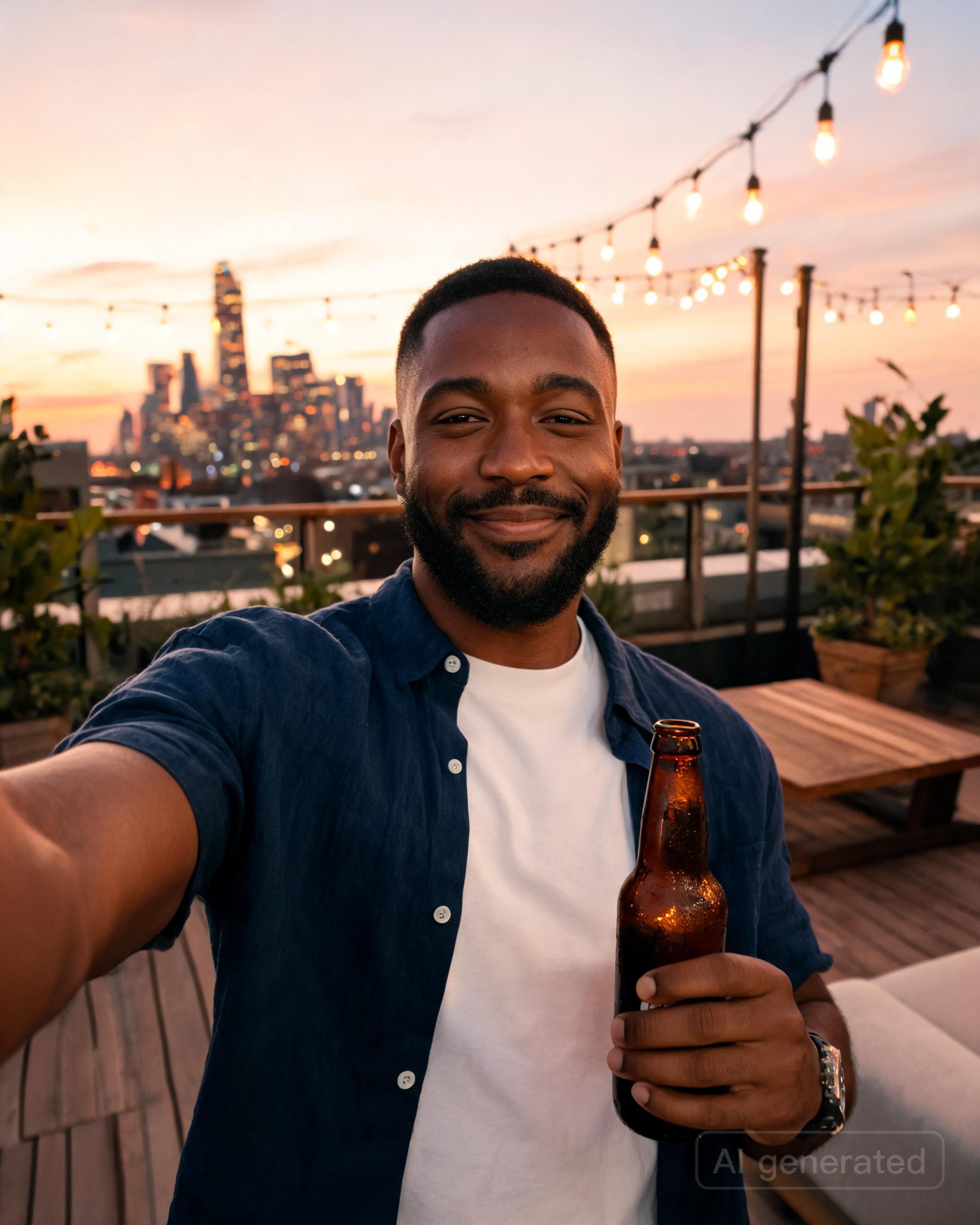 him on a rooftop deck at sunset with a beer