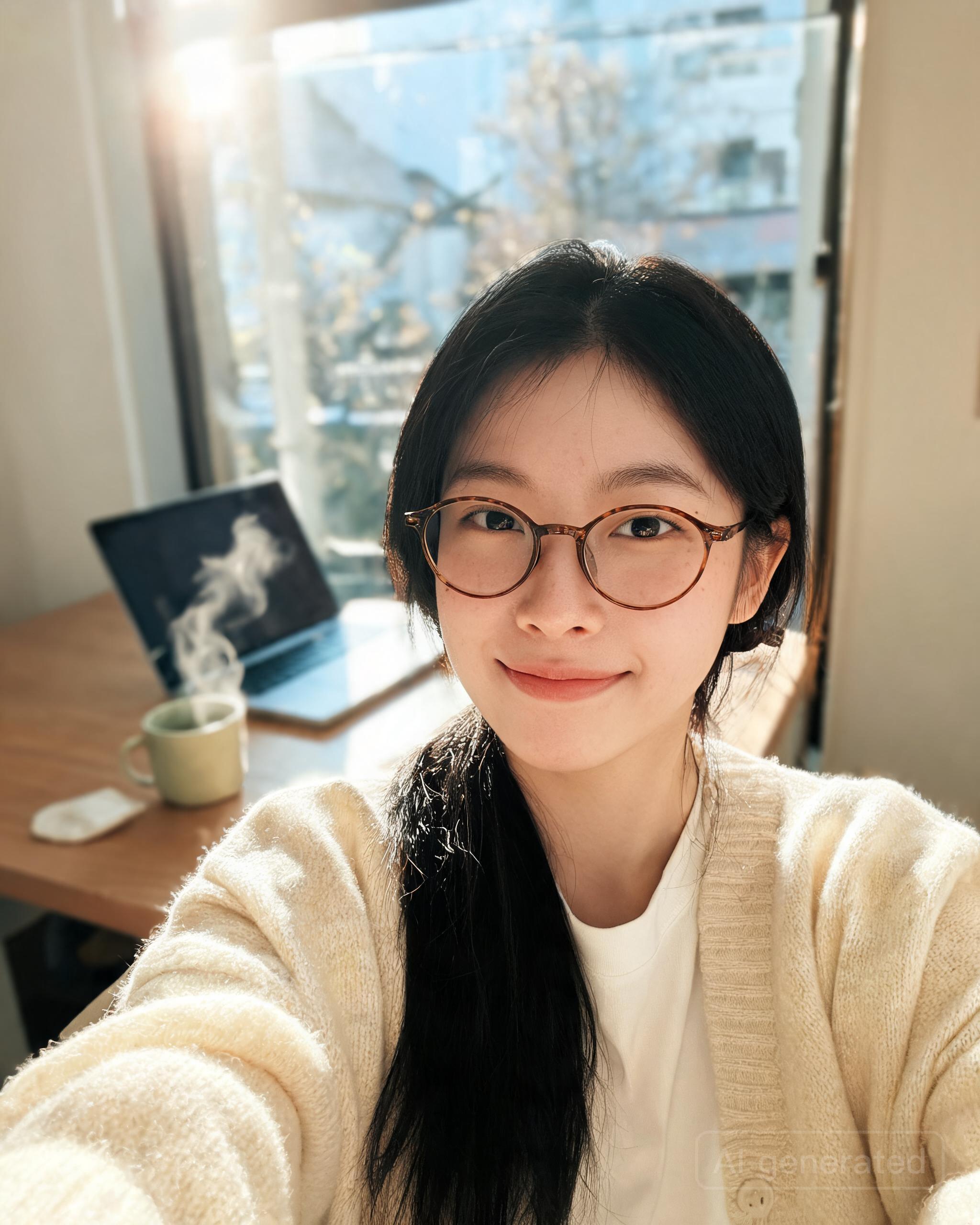 her at the desk by a sunny window
