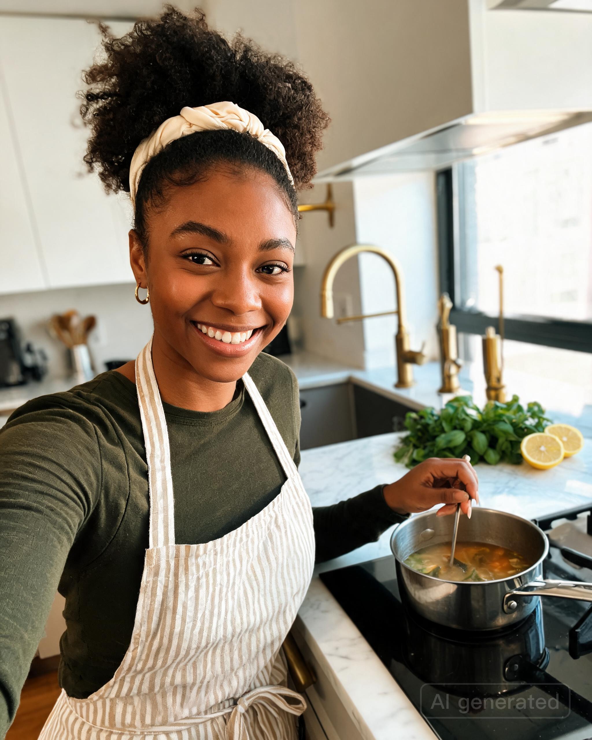 her cooking dinner in a bright kitchen